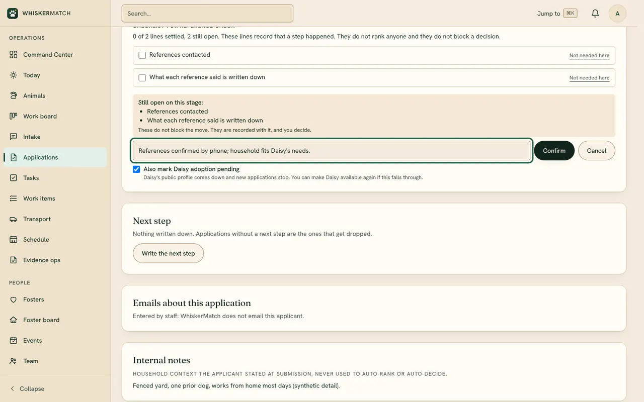 Daisy's application at reference check: two checklist lines still open, a written reason typed for approval, and a ticked box offering to mark Daisy adoption pending.