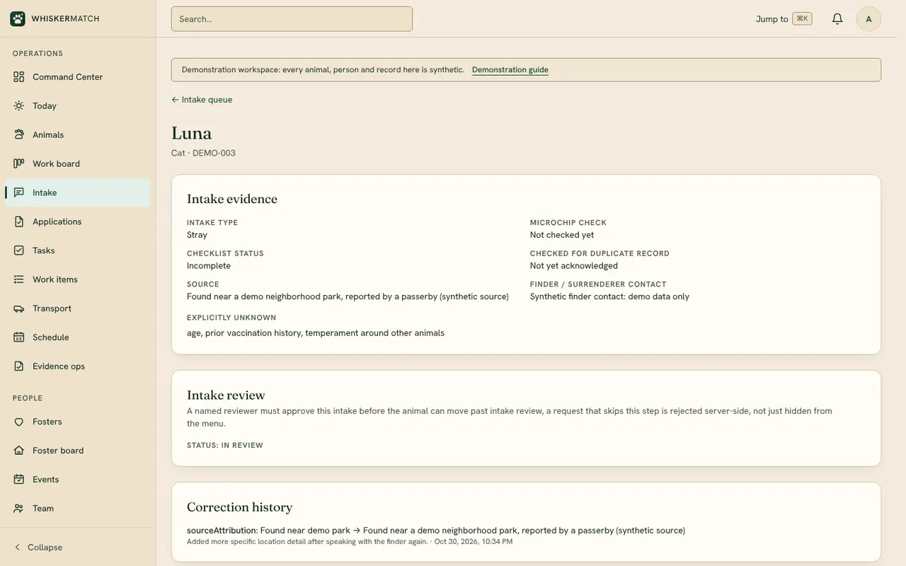 Luna's intake record: stray, microchip not checked yet, and age, vaccination history and temperament listed as explicitly unknown, with the intake still in review.